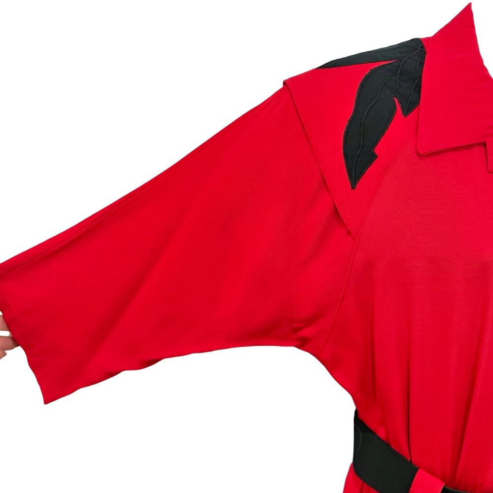 Vintage 80s Red Black Collared Belted Pleated Shoulder Pads Midi Dress size M - Picture 12 of 16